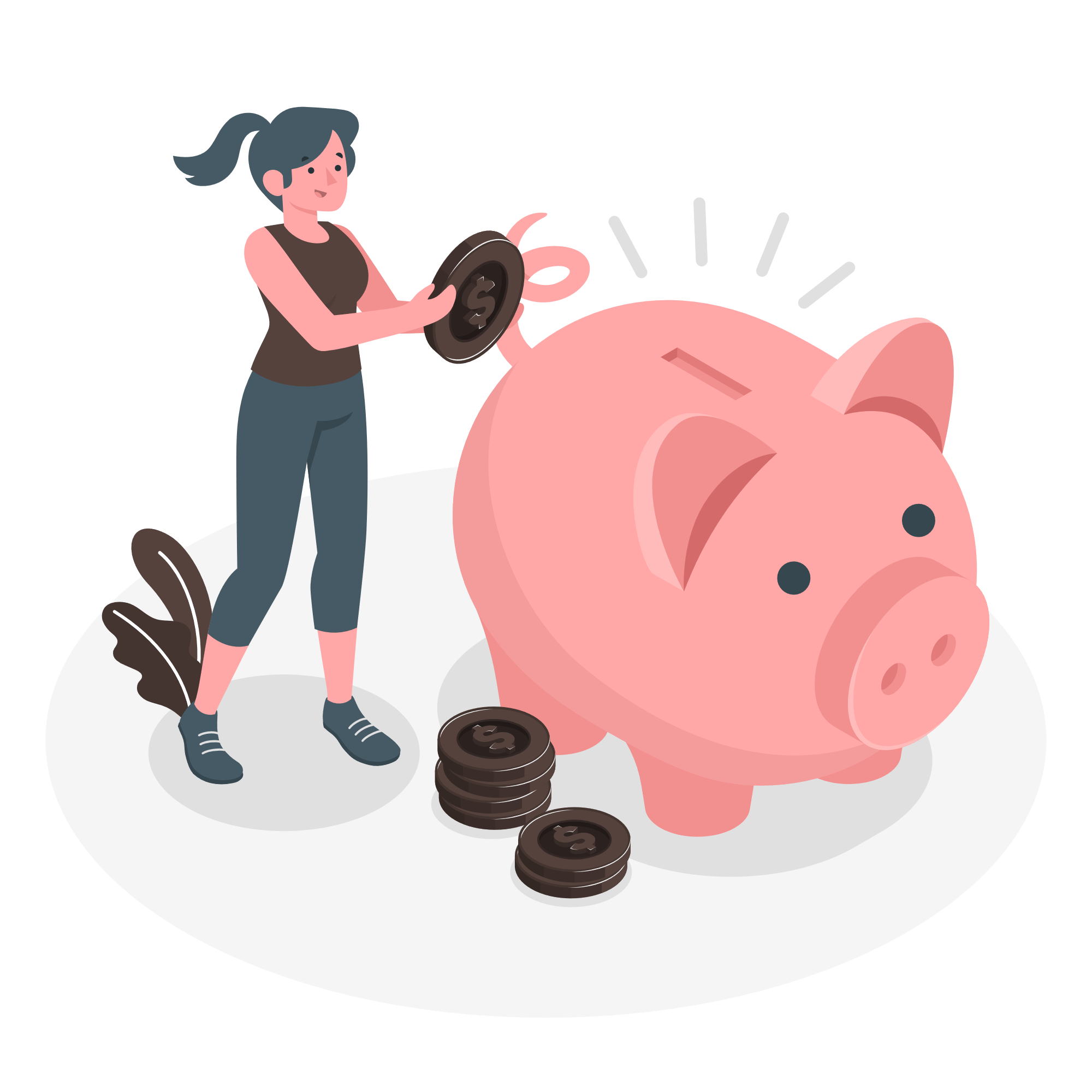 Woman inserting a coin into a piggy bank